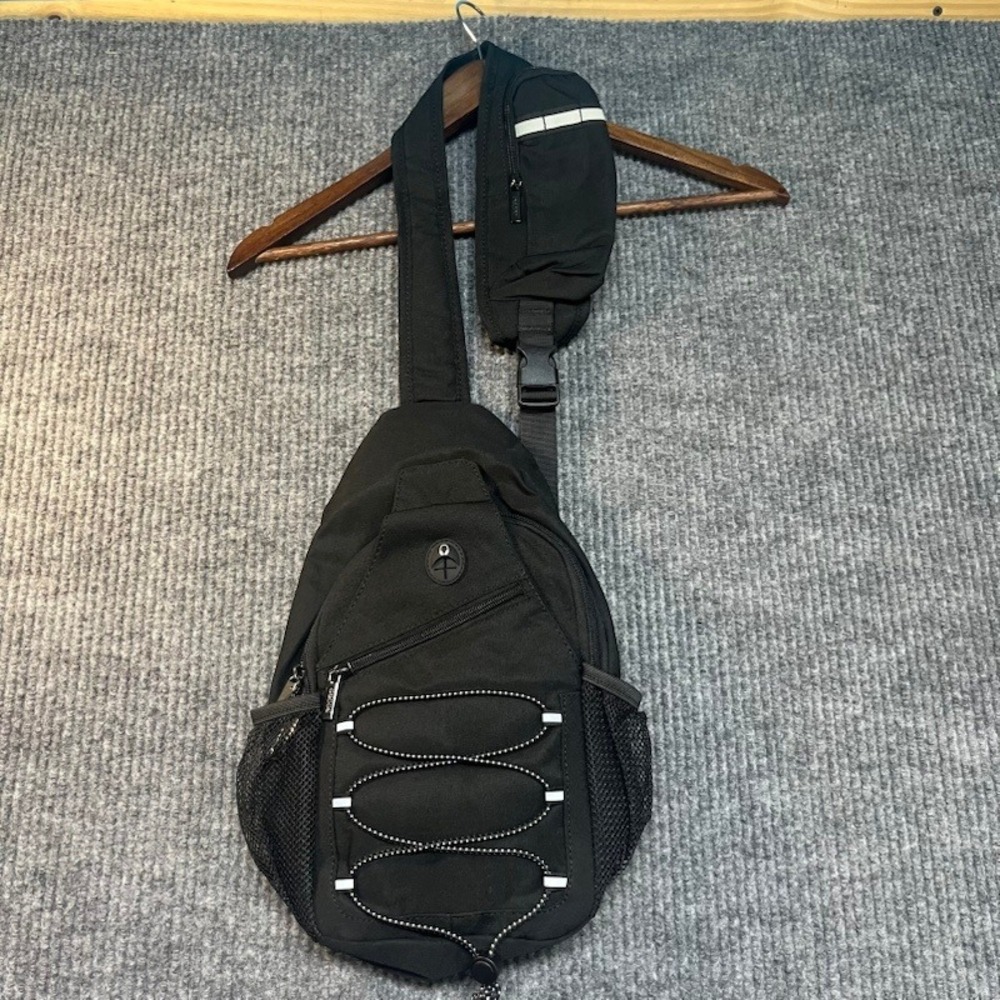 Black Sling Backpack Crossbody Shoulder Bag with Bungee Cord and Headphone Port - Picture 7 of 7